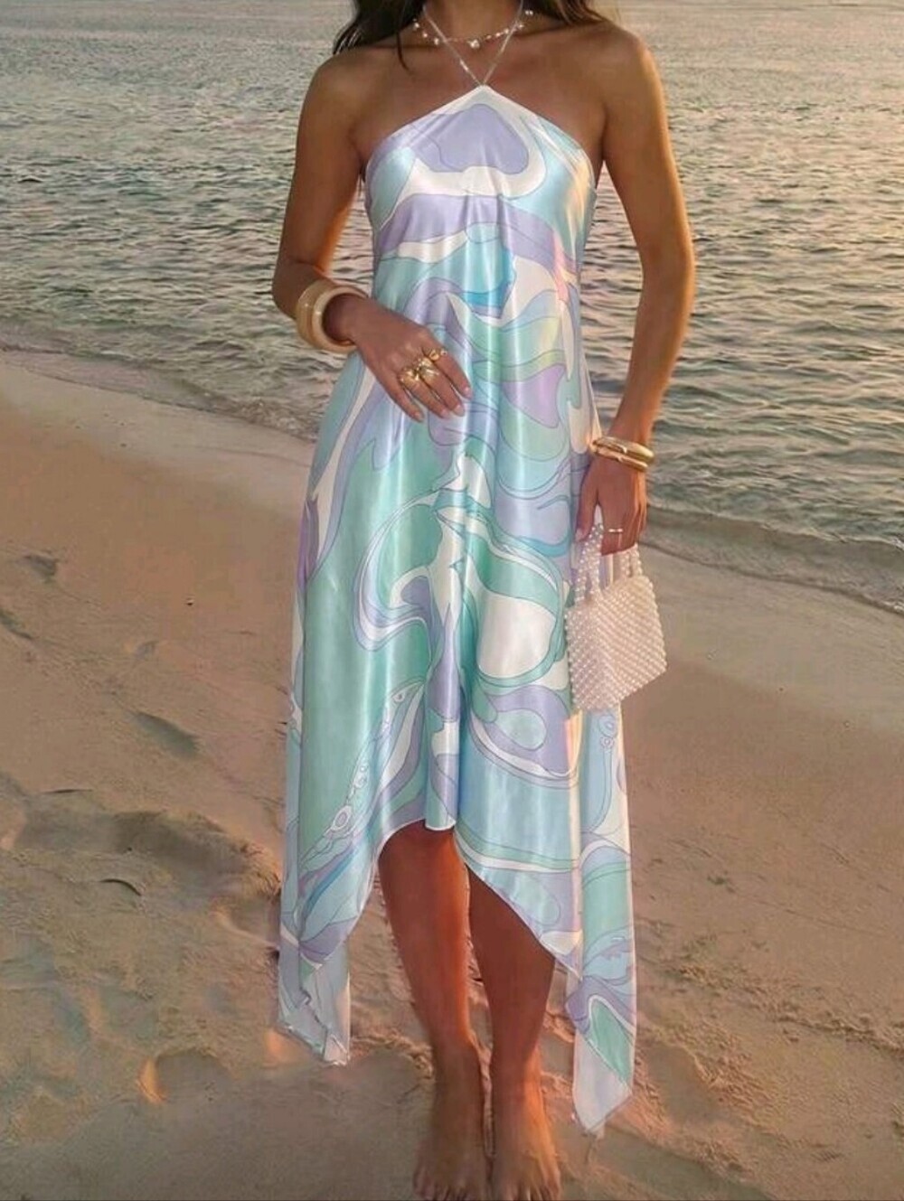 Women's Vacation Halter Neck Asymmetric Hem Abstract Print Dress Summer